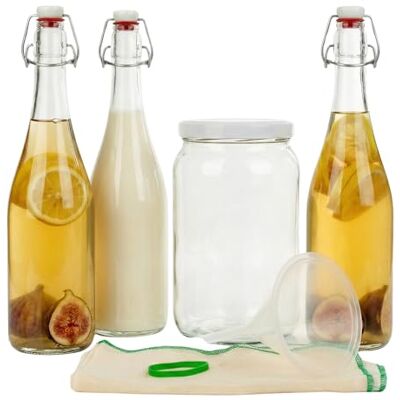 myFERMENTS Kit Préparation Boissons Probiotiques Set de Fermentation pour Bière, Kefir Grands Bocaux en Verre de 2L, 3 Bouteille de 750ml avec Joint Hermétique, Entonnoir 10cm, Tissu Mousseline myFERMENTS Kit Préparation Boissons Probiotiques Set de Fermentation pour Bière, Kefir Grands Bocaux en Verre de 2L, 3 Bouteille de 750ml avec Joint Hermétique, Entonnoir 10cm, Tissu Mousseline