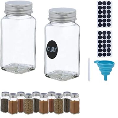 Relaxdays Lot de 12 pots à épices en verre avec étiquettes, stylo et entonnoir Transparent 120 ml Relaxdays Lot de 12 pots à épices en verre avec étiquettes, stylo et entonnoir Transparent 120 ml