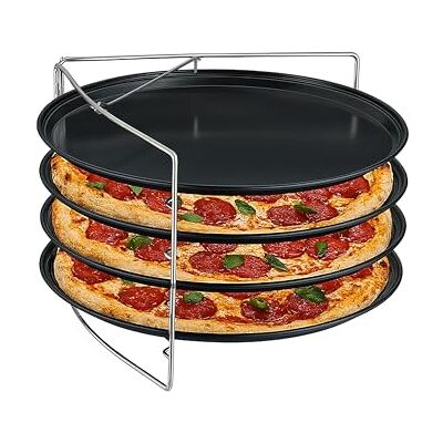 Relaxdays Lot de 4 plaques à pizza rondes en acier au carbone avec support Anthracite/argenté Relaxdays Lot de 4 plaques à pizza rondes en acier au carbone avec support Anthracite/argenté