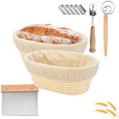 WANGDEFU Lot de 2 Paniers à Pain de Ovales,Banneton en Rotin Naturel,Brotform Corbeille Fermentation Imperméabilité,avec Linen Fabric Doublure,Racleur,pour 750g de Pâte,Pizza et Pâtisserie au Levain,25x15 x8cm WANGDEFU Lot de 2 Paniers à Pain de Ovales,Banneton en Rotin Naturel,Brotform Corbeille Fermentation Imperméabilité,avec Linen Fabric Doublure,Racleur,pour 750g de Pâte,Pizza et Pâtisserie au Levain,25x15 x8cm