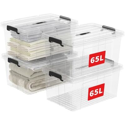 Cetomo 65L * 4 Boîte de rangement en plastique, boîte fourre-tout, récipient d'organisation avec couvercle durable et boucles de verrouillage sécurisées, lot de 4, transparent avec boucle noire Cetomo 65L * 4 Boîte de rangement en plastique, boîte fourre-tout, récipient d'organisation avec couvercle durable et boucles de verrouillage sécurisées, lot de 4, transparent avec boucle noire