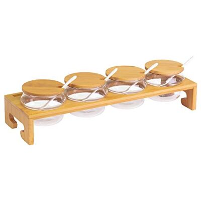 Westmark Bar à confiture/épices, ensemble de 13 pièces, 1 support + 4 bocaux + 4 couvercles + 4 cuillères, largeur : 38,5 cm, bambou/verre/céramique, tapas + amis, marron clair/blanc, 69902260 Westmark Bar à confiture/épices, ensemble de 13 pièces, 1 support + 4 bocaux + 4 couvercles + 4 cuillères, largeur : 38,5 cm, bambou/verre/céramique, tapas + amis, marron clair/blanc, 69902260