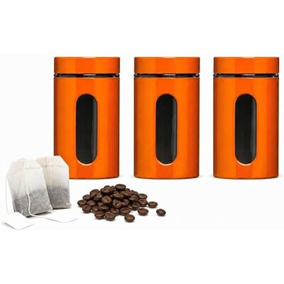 Premier Housewares Orange Lot de 3 bocaux de rangement en verre 1000 ml Boîtes de cuisine hermétiques avec fenêtre transparente Couvercle orange, récipients cylindriques en verre Premier Housewares Orange Lot de 3 bocaux de rangement en verre 1000 ml Boîtes de cuisine hermétiques avec fenêtre transparente Couvercle orange, récipients cylindriques en verre