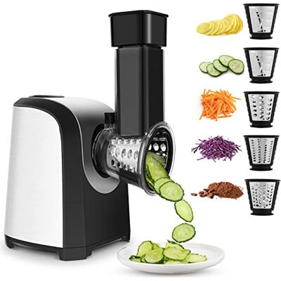 Voluker Mandoline électrique, râpe à légumes électrique, râpe multifonction, râpe à légumes, 150 W, tambours en acier inoxydable, 4 lames coniques Voluker Mandoline électrique, râpe à légumes électrique, râpe multifonction, râpe à légumes, 150 W, tambours en acier inoxydable, 4 lames coniques