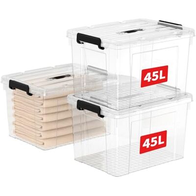 Cetomo 45L * 3 Boîte de rangement en plastique, boîte fourre-tout, récipient d'organisation avec couvercle durable et boucles de verrouillage sécurisées, lot de 3, transparent avec boucle noire Cetomo 45L * 3 Boîte de rangement en plastique, boîte fourre-tout, récipient d'organisation avec couvercle durable et boucles de verrouillage sécurisées, lot de 3, transparent avec boucle noire