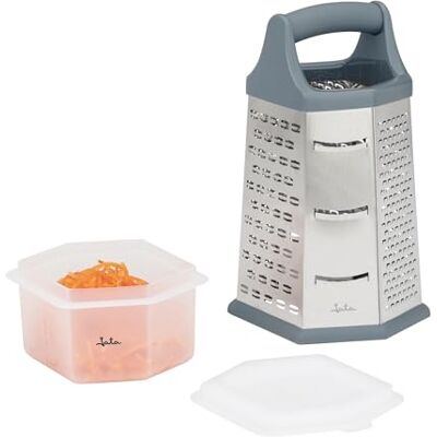 Jata HOGAR HRAL3269 Râpe à fromage et légumes hexagonale manuelle avec 6 faces et récipient alimentaire en acier inoxydable Râpe grossière, fine, grattoir, laminoir et coupe julienne Jata HOGAR HRAL3269 Râpe à fromage et légumes hexagonale manuelle avec 6 faces et récipient alimentaire en acier inoxydable Râpe grossière, fine, grattoir, laminoir et coupe julienne