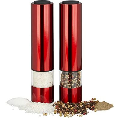 Relaxdays Lot de 2 moulins à poivre électriques élégants avec lumière LED Moulins à épices en acier inoxydable Fonctionne avec piles Rouge 5 x 5 x 22 cm 299 g Relaxdays Lot de 2 moulins à poivre électriques élégants avec lumière LED Moulins à épices en acier inoxydable Fonctionne avec piles Rouge 5 x 5 x 22 cm 299 g