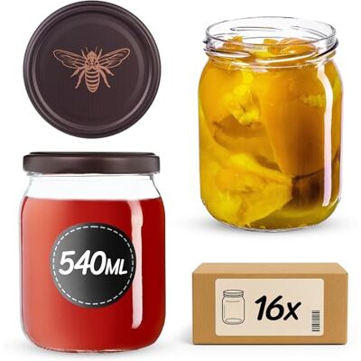 KADAX Lot de 16 bocaux en verre 540ml Ø82 – Couvercle Twist-Off hermétique TO82 – Pour confitures, conserves, cornichons, miel & fermentation KADAX Lot de 16 bocaux en verre 540ml Ø82 – Couvercle Twist-Off hermétique TO82 – Pour confitures, conserves, cornichons, miel & fermentation