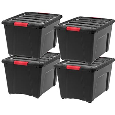 IRIS USA Lot de 4 bacs de rangement en plastique avec couvercle durable et boucles de verrouillage sécurisées, empilable et emboîtable, 50 litres, noir/rouge IRIS USA Lot de 4 bacs de rangement en plastique avec couvercle durable et boucles de verrouillage sécurisées, empilable et emboîtable, 50 litres, noir/rouge