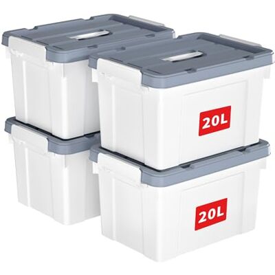 Cetomo Lot de 4 boîtes de rangement en plastique avec couvercles, boîte de rangement avec poignée et boucles de verrouillage sécurisées, empilables, emboîtables, pour vêtements de bureau à domicile, Cetomo Lot de 4 boîtes de rangement en plastique avec couvercles, boîte de rangement avec poignée et boucles de verrouillage sécurisées, empilables, emboîtables, pour vêtements de bureau à domicile,