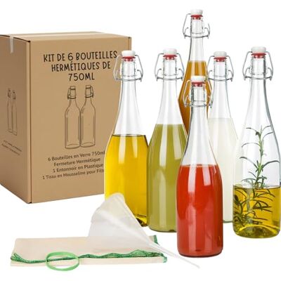 myFERMENTS Kit 6 Bouteilles 750ml en Verre Épais avec Bouchon Mécanique Hermétique Set Complet Fermentation Bière Kombucha Kéfir Huile Entonnoir 10cm, Tissu 50x50cm, Joint Porcelaine myFERMENTS Kit 6 Bouteilles 750ml en Verre Épais avec Bouchon Mécanique Hermétique Set Complet Fermentation Bière Kombucha Kéfir Huile Entonnoir 10cm, Tissu 50x50cm, Joint Porcelaine