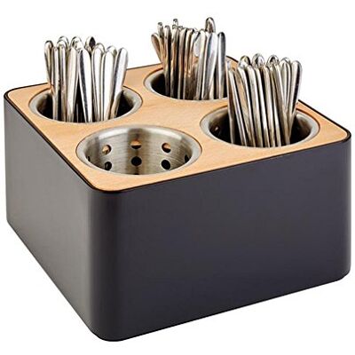 APS Récipient à couverts 4 trous avec 4 carquois en acier inoxydable noir et marron, en acier inoxydable, bois et SAN, 27 x 27 cm, hauteur 15 cm APS Récipient à couverts 4 trous avec 4 carquois en acier inoxydable noir et marron, en acier inoxydable, bois et SAN, 27 x 27 cm, hauteur 15 cm