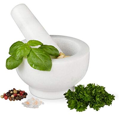 Relaxdays Mortier en marbre avec pilon, robuste et durable, épices, herbes, mortier de pierre poli, Ø 10 cm, V 120 ml, blanc Relaxdays Mortier en marbre avec pilon, robuste et durable, épices, herbes, mortier de pierre poli, Ø 10 cm, V 120 ml, blanc