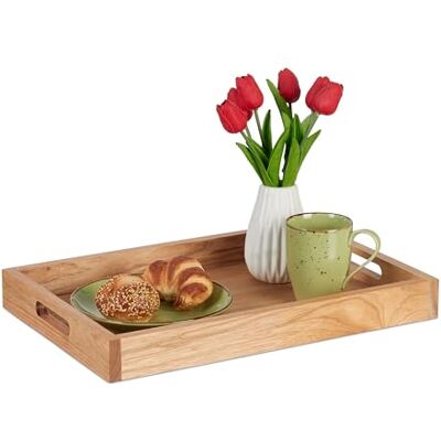Relaxdays Plateau de service, en bois et MDF, H x l x P : 5 x 46 x 31 cm, plateau alimentaire avec poignées, bord haut, rectangulaire, naturel Relaxdays Plateau de service, en bois et MDF, H x l x P : 5 x 46 x 31 cm, plateau alimentaire avec poignées, bord haut, rectangulaire, naturel