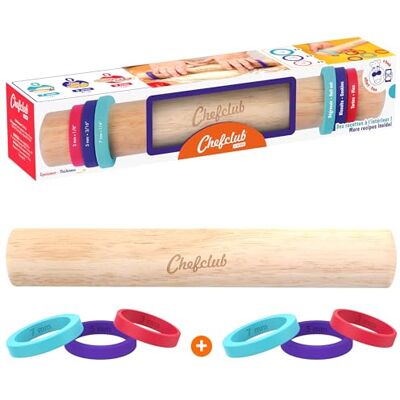 CHEFCLUB KIDS Chefclub Network Kids Rouleau à Pâtisserie Ajustable en Bois 3 Anneaux en Silicones Amovibles pour 3 Différentes Épaisseurs de Pâtes 2KIT301 CHEFCLUB KIDS Chefclub Network Kids Rouleau à Pâtisserie Ajustable en Bois 3 Anneaux en Silicones Amovibles pour 3 Différentes Épaisseurs de Pâtes 2KIT301