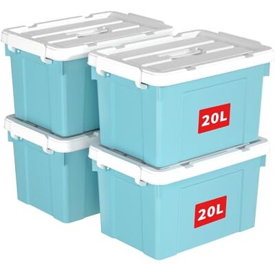 Cetomo Lot de 4 boîtes de rangement en plastique avec couvercles, boîte de rangement avec poignée et boucles de verrouillage sécurisées, empilables, emboîtables, pour vêtements de bureau à domicile, Cetomo Lot de 4 boîtes de rangement en plastique avec couvercles, boîte de rangement avec poignée et boucles de verrouillage sécurisées, empilables, emboîtables, pour vêtements de bureau à domicile,