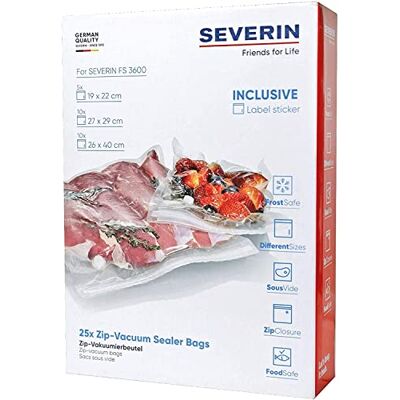 Severin Pack de Sacs Sous-Vide à Zip, Pour Appareil de Mise Sous-Vide, 25 Pièces de Différentes Tailles, ZB 3619 Severin Pack de Sacs Sous-Vide à Zip, Pour Appareil de Mise Sous-Vide, 25 Pièces de Différentes Tailles, ZB 3619
