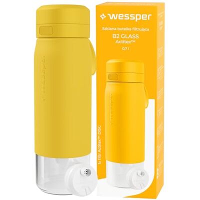 Wessper gourde filtrante eau en Verre 700ml, avec filtre ActitexDisc Jaune bouteille avec cartouche filtre eau charbon actif, Indicateur de changement de filtre a eau, Réduit le Chlore Wessper gourde filtrante eau en Verre 700ml, avec filtre ActitexDisc Jaune bouteille avec cartouche filtre eau charbon actif, Indicateur de changement de filtre a eau, Réduit le Chlore
