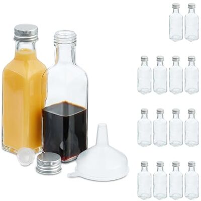 Relaxdays Mini bouteilles en verre, lot de 16, petites fioles à remplir, 100 ml, bouchon à vis, transparent/argenté Relaxdays Mini bouteilles en verre, lot de 16, petites fioles à remplir, 100 ml, bouchon à vis, transparent/argenté
