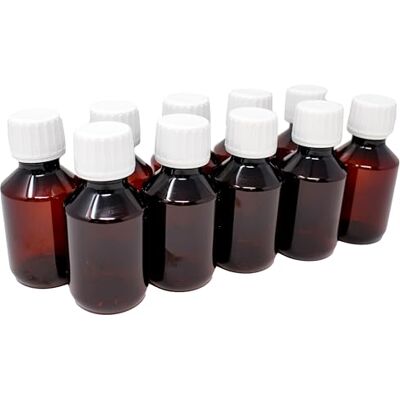 Aromhuset Lot de 10 bouteilles de laboratoire marron en PET de 100 ml avec bouchon à vis blanc Bouteille liquide Aromhuset Lot de 10 bouteilles de laboratoire marron en PET de 100 ml avec bouchon à vis blanc Bouteille liquide