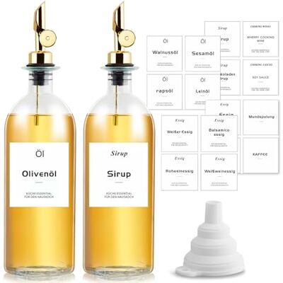 sunal Lot de 2 bouteilles d'huile d'olive pour la cuisine 500 ml Avec bec verseur lesté Distributeur de sirop en verre avec étiquette étanche × 30 entonnoirs en silicone Doré sunal Lot de 2 bouteilles d'huile d'olive pour la cuisine 500 ml Avec bec verseur lesté Distributeur de sirop en verre avec étiquette étanche × 30 entonnoirs en silicone Doré