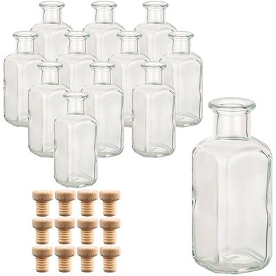gouveo Lot de 12 bouteilles en verre 100 ml pharmacien carré avec bouchon (HGK) bouteille vide 0,1 l à remplir bouteille en liège pour liqueur, huile, vinaigre, décoration (AFET100HGK) gouveo Lot de 12 bouteilles en verre 100 ml pharmacien carré avec bouchon (HGK) bouteille vide 0,1 l à remplir bouteille en liège pour liqueur, huile, vinaigre, décoration (AFET100HGK)