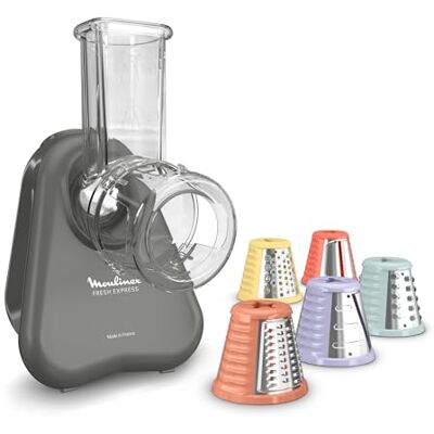 Moulinex Fresh Express Découpe-légumes électrique 5 fonctions Gris Râpe à légumes avec système Twist breveté, service direct 5 cônes inox pour trancher, émincer, couper et râper vos aliments Moulinex Fresh Express Découpe-légumes électrique 5 fonctions Gris Râpe à légumes avec système Twist breveté, service direct 5 cônes inox pour trancher, émincer, couper et râper vos aliments