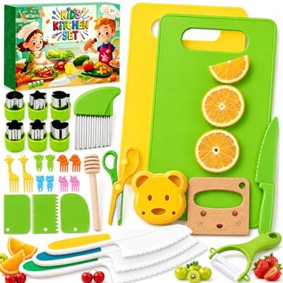 SaiXuan Kit Cuisine Enfant 31 Pièces – Ustensiles de Cuisine Montessori Sécurisés avec Couteau Enfant, Planche à Découper, Moules à Biscuits, Outils de Coupe Fruits Légumes, Idée Cadeau 2-6 Ans SaiXuan Kit Cuisine Enfant 31 Pièces – Ustensiles de Cuisine Montessori Sécurisés avec Couteau Enfant, Planche à Découper, Moules à Biscuits, Outils de Coupe Fruits Légumes, Idée Cadeau 2-6 Ans
