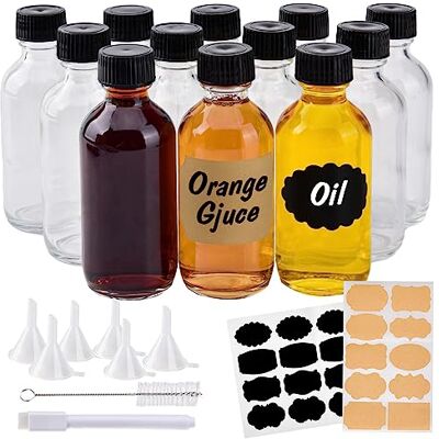 V·Colokishi Lot de 12 petites bouteilles en verre transparent avec bouchons, 60 ml, bouteilles de jus de bien-être, avec entonnoirs, autocollants et pinceau, mini bouteilles de liqueur pour jus, eau, gingembre V·Colokishi Lot de 12 petites bouteilles en verre transparent avec bouchons, 60 ml, bouteilles de jus de bien-être, avec entonnoirs, autocollants et pinceau, mini bouteilles de liqueur pour jus, eau, gingembre