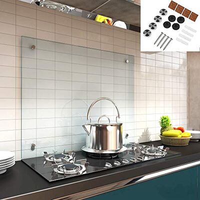 Melko Pare-éclaboussures en verre pour cuisinière, carrelage, verre de sécurité ESG de 6 mm, avec vis, 80 x 50 cm, verre transparent Melko Pare-éclaboussures en verre pour cuisinière, carrelage, verre de sécurité ESG de 6 mm, avec vis, 80 x 50 cm, verre transparent