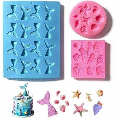Vastsea 3 pièces moules à gâteau fondant en silicone, sirène de moule en silicone, moule de cuisson en silicone 3D, pour bonbons, collations, cuisson de gâteaux Vastsea 3 pièces moules à gâteau fondant en silicone, sirène de moule en silicone, moule de cuisson en silicone 3D, pour bonbons, collations, cuisson de gâteaux
