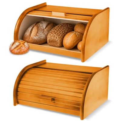 KADAX Boîte à pain spacieuse en bois de qualité supérieure, avec couvercle à roulettes pour plus de fraîcheur, boîte à pain avec rabat avant, éco, boîte à pain roulée, rangement à pain (beige) KADAX Boîte à pain spacieuse en bois de qualité supérieure, avec couvercle à roulettes pour plus de fraîcheur, boîte à pain avec rabat avant, éco, boîte à pain roulée, rangement à pain (beige)