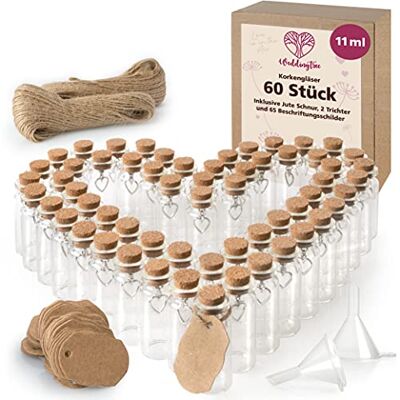 WeddingTree 60 x Petite Bouteille/Fiole en Verre 60 x 11ml Tube a Essai pour Les Mariages Contenant Dragées Set avec Liège et Pendentif en Forme de Coeur WeddingTree 60 x Petite Bouteille/Fiole en Verre 60 x 11ml Tube a Essai pour Les Mariages Contenant Dragées Set avec Liège et Pendentif en Forme de Coeur