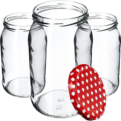 KADAX Lot de 24 bocaux en verre à couvercle à visser 900 ml Utilisable comme pot à confiture Bocaux de conservation Pois rouges KADAX Lot de 24 bocaux en verre à couvercle à visser 900 ml Utilisable comme pot à confiture Bocaux de conservation Pois rouges