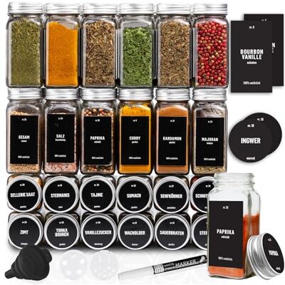 Deco haus ® Pot a epices Verre avec Un Couvercle à vis bocaux epices pots rangement Lot de 24 Divers couvercles mélangeurs, Un Entonnoir, Un Pinceau, des étiquettes et Un marqueur Craie 120 ML Deco haus ® Pot a epices Verre avec Un Couvercle à vis bocaux epices pots rangement Lot de 24 Divers couvercles mélangeurs, Un Entonnoir, Un Pinceau, des étiquettes et Un marqueur Craie 120 ML