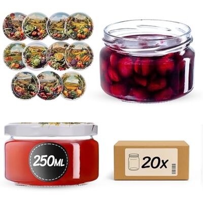 KADAX Lot de 20 petits pots à confiture avec couvercles hermétiques 250 ml Idéaux comme cadeau Pour miel et épices (champ de légumes KADAX Lot de 20 petits pots à confiture avec couvercles hermétiques 250 ml Idéaux comme cadeau Pour miel et épices (champ de légumes