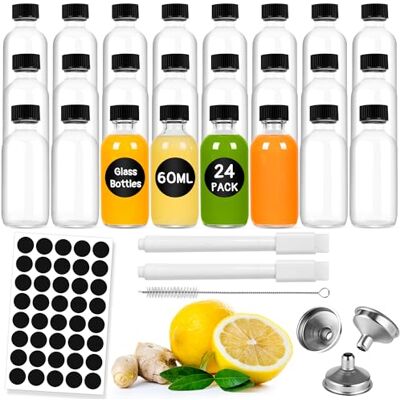 Gucass Lot de 24 bouteilles à shot à remplir, de 60 ml, petits verres à shot avec couvercle, bouteilles en verre à remplir avec entonnoir, étiquettes, stylo et brosse, mini bouteilles pour jus Gucass Lot de 24 bouteilles à shot à remplir, de 60 ml, petits verres à shot avec couvercle, bouteilles en verre à remplir avec entonnoir, étiquettes, stylo et brosse, mini bouteilles pour jus