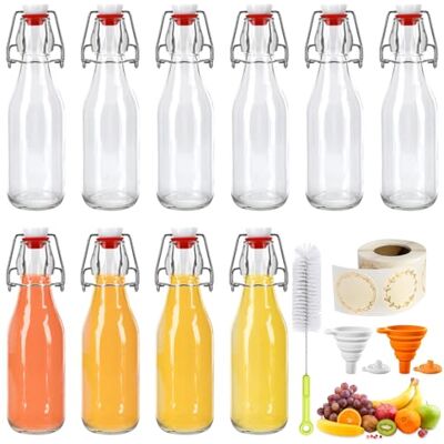 TEGOVE Lot de 10 bouteilles en verre de 250 ml avec bouchon à étrier Bouteilles en verre à remplir avec étiquettes et entonnoirs Bouteilles à repasser à remplir pour sirops, boissons, huiles TEGOVE Lot de 10 bouteilles en verre de 250 ml avec bouchon à étrier Bouteilles en verre à remplir avec étiquettes et entonnoirs Bouteilles à repasser à remplir pour sirops, boissons, huiles