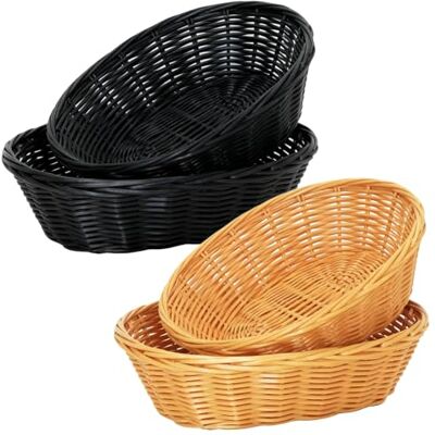 Xiqiggi Lot de 4 corbeilles à pain tressées en osier Panier à pain Panier de rangement Panier à pain rond pour servir des pâtisseries Marron et noir Xiqiggi Lot de 4 corbeilles à pain tressées en osier Panier à pain Panier de rangement Panier à pain rond pour servir des pâtisseries Marron et noir