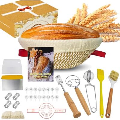 Jukibole Panier de fermentation rond de 23 cm avec poignée Corbeille à pain de 27 pièces pour la cuisson du pain Avec spatule à pâte, insert en lin, spatule et brosse Accessoire de cuisson à pain idéal Jukibole Panier de fermentation rond de 23 cm avec poignée Corbeille à pain de 27 pièces pour la cuisson du pain Avec spatule à pâte, insert en lin, spatule et brosse Accessoire de cuisson à pain idéal
