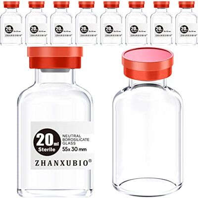 ZHANXUBIO Lot de 10 flacons stériles vides avec port d'injection auto-réparant et bouchon en aluminium-plastique, emballage stérile (20 ml, transparent) ZHANXUBIO Lot de 10 flacons stériles vides avec port d'injection auto-réparant et bouchon en aluminium-plastique, emballage stérile (20 ml, transparent)