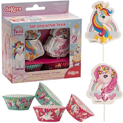 Ensemble décoratif pour muffins et cupcakes licorne - 24 formes en papier + 24 toppers Ensemble décoratif pour muffins et cupcakes licorne - 24 formes en papier + 24 toppers