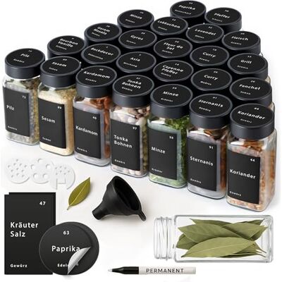 Happy Lemuro Lot de 24 pots à épices avec étiquettes et couvercles en bambou 120 ml Avec inserts à saupoudrer et accessoires Récipients à épices Happy Lemuro Lot de 24 pots à épices avec étiquettes et couvercles en bambou 120 ml Avec inserts à saupoudrer et accessoires Récipients à épices