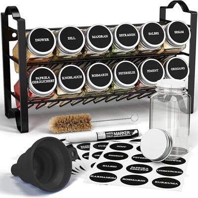 Deco haus ® Étagère à Épices & Bocaux Rangement et Organisation de Cuisine & Maison Métal, 2 Niveaux 12 Pots 48 Étiquettes 1 Brosse 1 Entonnoir Autoportante/Murale Noire Deco haus ® Étagère à Épices & Bocaux Rangement et Organisation de Cuisine & Maison Métal, 2 Niveaux 12 Pots 48 Étiquettes 1 Brosse 1 Entonnoir Autoportante/Murale Noire