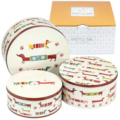 SPOTTED DOG GIFT COMPANY Lot de 3 Boîtes à Biscuits en Métal Rondes, Boîte de Rangement pour Gâteaux et Pâtisseries, Hermétiques et Empilabiles, Petit 20x9cm, Moyen 22x10cm, Grand 25x11cm Teckel SPOTTED DOG GIFT COMPANY Lot de 3 Boîtes à Biscuits en Métal Rondes, Boîte de Rangement pour Gâteaux et Pâtisseries, Hermétiques et Empilabiles, Petit 20x9cm, Moyen 22x10cm, Grand 25x11cm Teckel