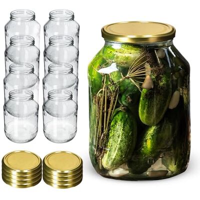 KADAX Lot de 8 bocaux de conservation ronds de 2,5 l Fi100 mm Couvercle doré KADAX Lot de 8 bocaux de conservation ronds de 2,5 l Fi100 mm Couvercle doré