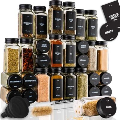 Deco haus ® Pot a epices Verre avec Un Couvercle à vis bocaux epices pots rangement Lot de 24 Divers couvercles mélangeurs, Un Entonnoir, Un Pinceau, des étiquettes et Un marqueur Craie 120 ML Deco haus ® Pot a epices Verre avec Un Couvercle à vis bocaux epices pots rangement Lot de 24 Divers couvercles mélangeurs, Un Entonnoir, Un Pinceau, des étiquettes et Un marqueur Craie 120 ML