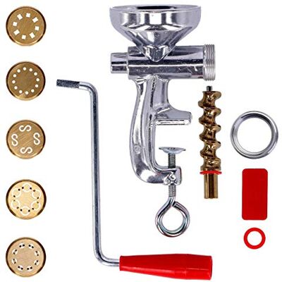 Tagliapasta . com Presse à pâtes Machine à pâtes pour pâtes fraîches avec anneau de sécurité en acier inoxydable et 5 plaques en laiton pour spaghetti, maccheroni, bucatini, caserecce et chitarra Tagliapasta . com Presse à pâtes Machine à pâtes pour pâtes fraîches avec anneau de sécurité en acier inoxydable et 5 plaques en laiton pour spaghetti, maccheroni, bucatini, caserecce et chitarra