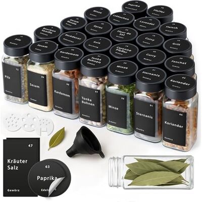 Happy Lemuro Lot de 24 pots à épices en verre de 120 ml avec couvercles noirs, inserts à saupoudrer, étiquettes, entonnoir et brosse – Distributeur d'épices avec accessoires – Rangement des épices Happy Lemuro Lot de 24 pots à épices en verre de 120 ml avec couvercles noirs, inserts à saupoudrer, étiquettes, entonnoir et brosse – Distributeur d'épices avec accessoires – Rangement des épices