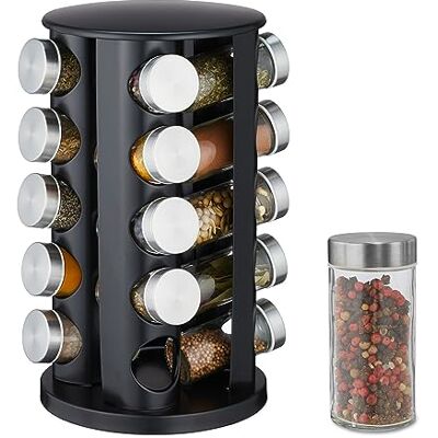 Relaxdays Carrousel à épices Lot de 20 pots à épices 80 ml Avec saupoudreur rotatif Rechargeable Acier inoxydable Noir Relaxdays Carrousel à épices Lot de 20 pots à épices 80 ml Avec saupoudreur rotatif Rechargeable Acier inoxydable Noir
